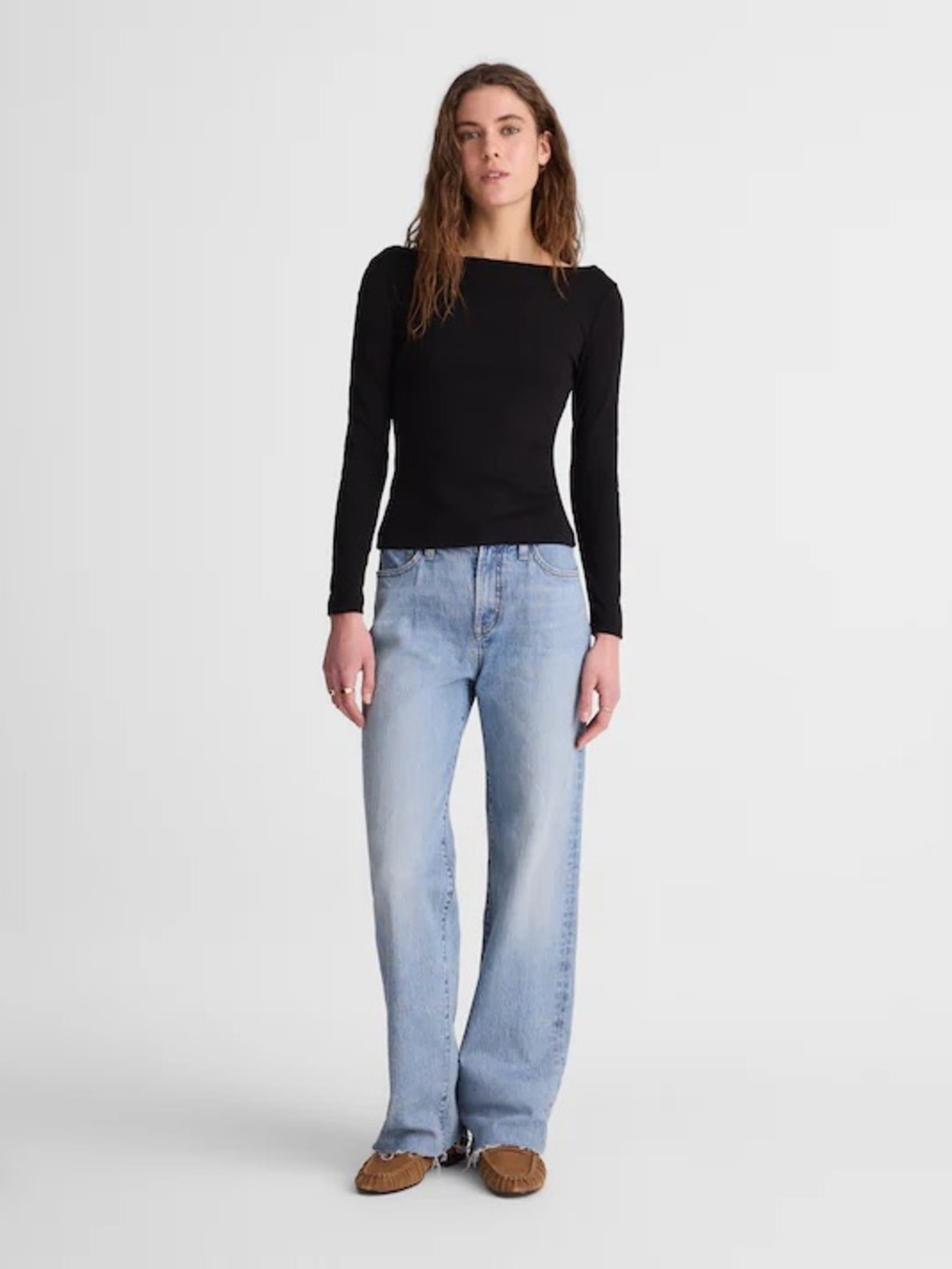 NWT Madewell The '90s Boatneck Tee in Compact Cotton black women's large minimal